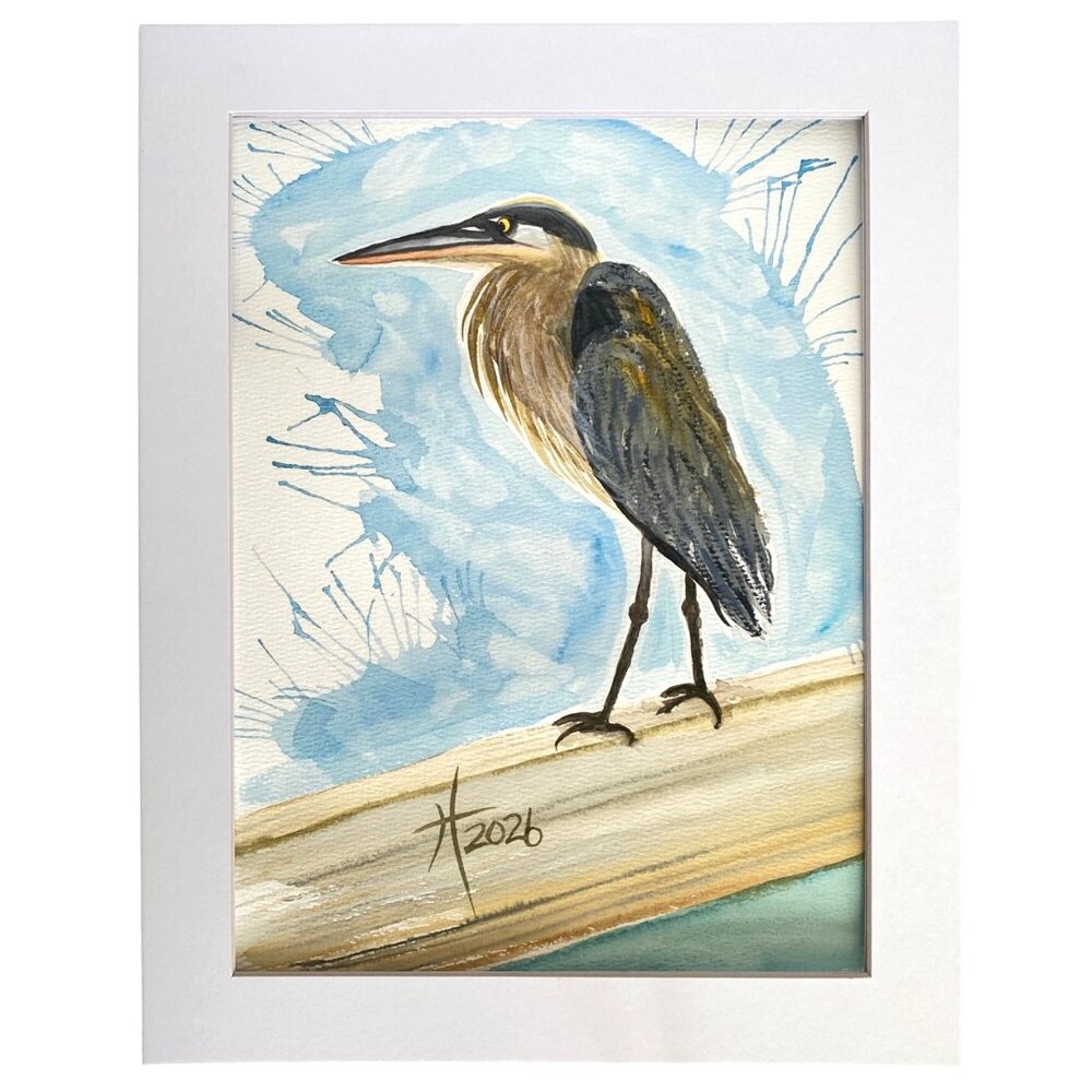 Great Blue Heron on the Dock Art Original Watercolor Painting 11x14in Matted - Picture 3 of 6